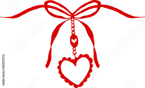 Whimsical Hand Drawn Vintage Coquette Valentine Red Love Heart Locket with Bow Ribbon