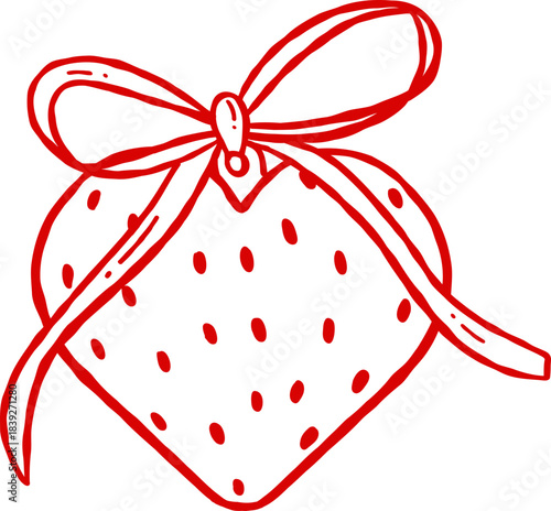 Whimsical Hand Drawn Vintage Coquette Valentine Love Heart strawberry with Bow Ribbon