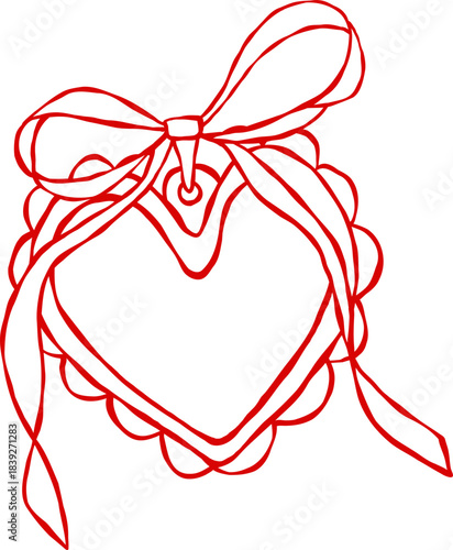 Whimsical Hand Drawn Vintage Coquette Valentine Red Love Heart Locket with Bow Ribbon