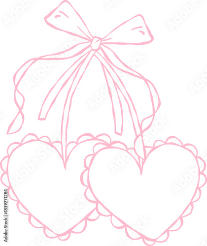 Whimsical Hand Drawn Vintage Pink Coquette Valentine Love Heart Cherry with Bow Ribbon