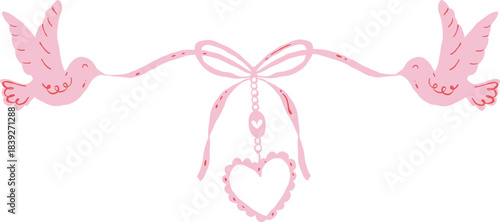 Whimsical Hand Drawn Dove Flying with Pink Heart Rocket and Ribbon Illustration