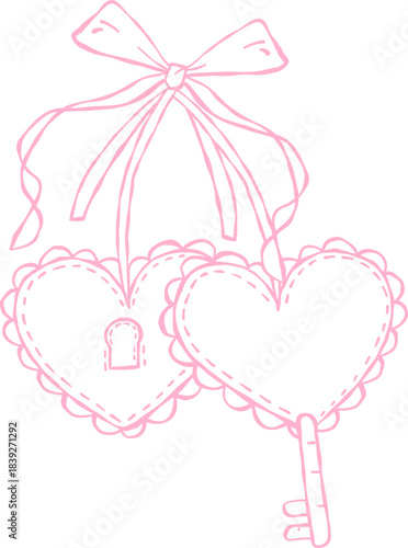 Whimsical Hand-Drawn Vintage Pink Heart Locket With Bow And Key