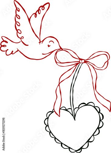 Whimsical Hand Drawn Dove Flying with Heart Cherry and Ribbon Illustration