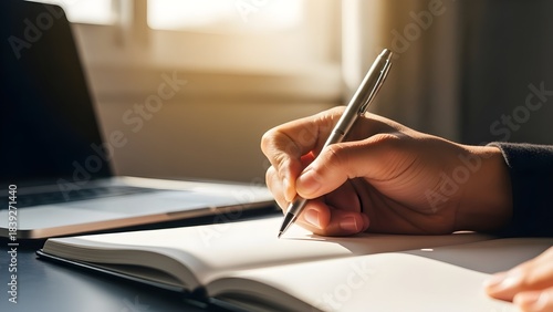 Man writing in notebook with sunlight streaming through window