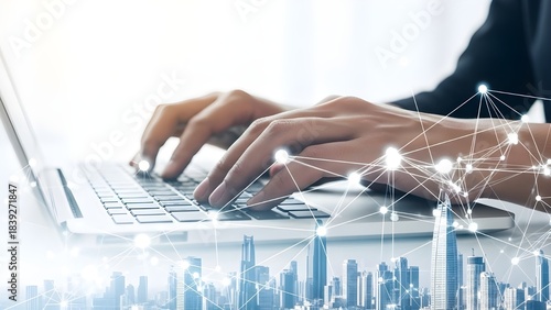 Hands typing on laptop with cityscape and network overlay