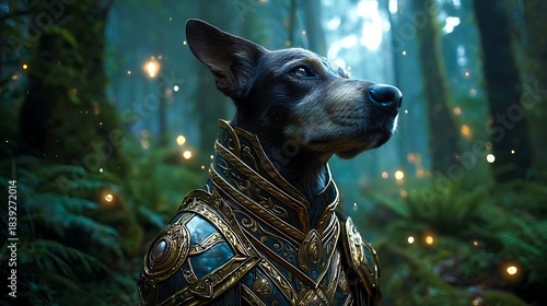 Fantasy Magical dog warrior with armor and sword. epic doggo knight