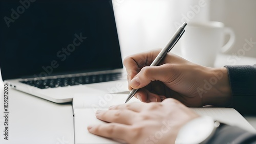 Hands writing in notebook with laptop on white desk