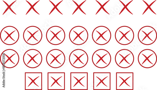 Vector Collection of Twenty-Four Red Cross Mark and "X" Icons in Outline and Solid Styles, Including Circled and Squared Variations, Ideal for Error, Decline, and Close Buttons