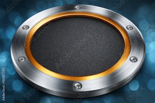 Modern round metallic frame with gold accent and textured leather center on a blue bokeh background, perfect for tech or industrial design with ample copy space.