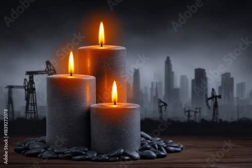 Three glowing gray candles surrounded by black pebbles create a somber, contemplative scene set against a misty cityscape silhouette with oil pumps in the background.