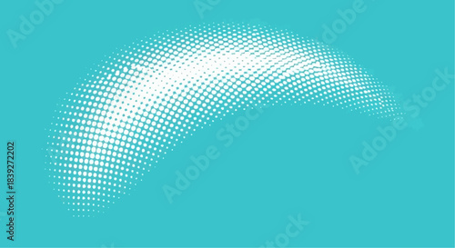 A dynamic white halftone dot pattern forming a curved arc on a vibrant teal background, creating an abstract digital design.