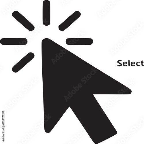 A black cursor with radiating lines and the word select indicating a click action on white background