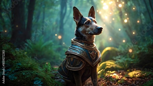 Fantasy Magical dog warrior with armor and sword. epic doggo knight
