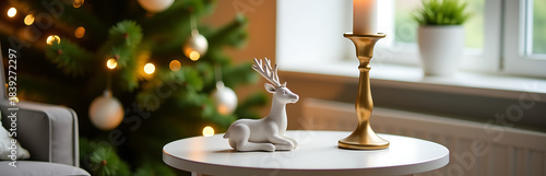 warm evening lit photograph tastefully styled side table centered around delicate reindeer figurine next