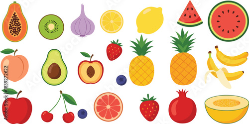 Vector Collection of Various Fruits, Berries, and Produce, Including Papaya, Watermelon, Pineapple, Banana, Avocado, and Lemon, Ideal for Healthy Eating, Food, and Diet Concepts