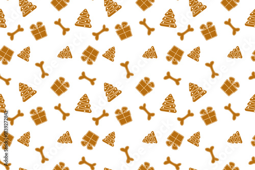 Seamless vector pattern of gingerbread trees, gifts, and dog bones, perfect for pet- themed holiday wrapping paper, fabric, and digital backgrounds.