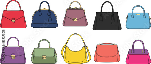 Vector Collection of Ten Colorful Fashion Handbags and Purses in Line-Art Style, Ideal for Retail, E-commerce, Shopping, Women's Accessories, and Luxury Design Concepts