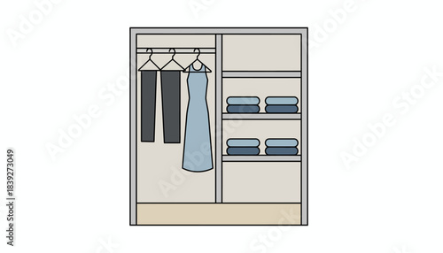 A minimal closet featuring neatly folded clothes on shelves a few hanging items and an empty floor space emphasizing simplicity.