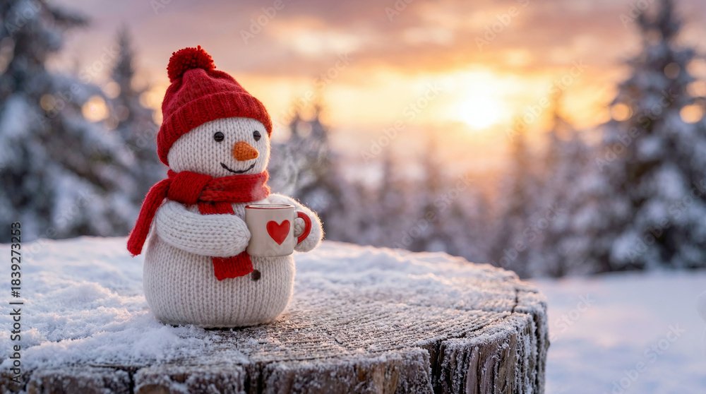 Fototapeta premium Knitted snowman with red hat and scarf holding hot mug with heart. Winter scene with warm drink for cozy Christmas holiday.