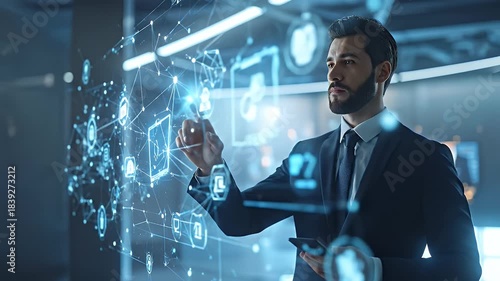 Focused Businessman in Navy Suit Using Digital Tablet with Futuristic Blue Light Interface Technology in a Modern Office with Large Monitors
