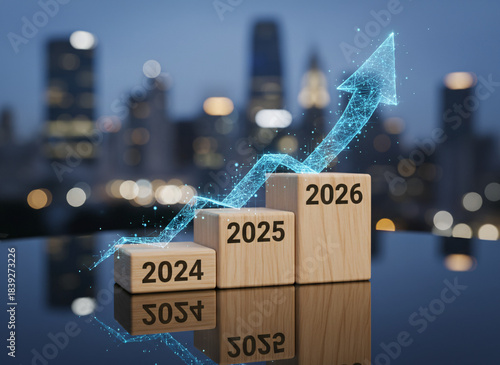 2026 business growth forecast with wooden blocks and digital arrow