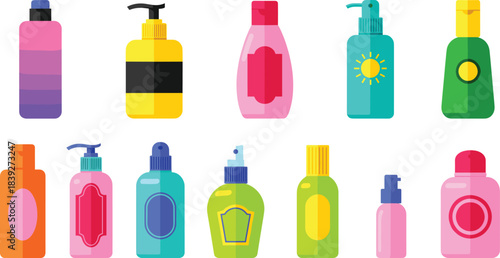Vector Collection of Twelve Colorful Cosmetic and Body Care Bottles with Pumps and Sprays, Including Lotion, Shampoo, and Sunscreen, Ideal for Beauty and Skincare Product Design