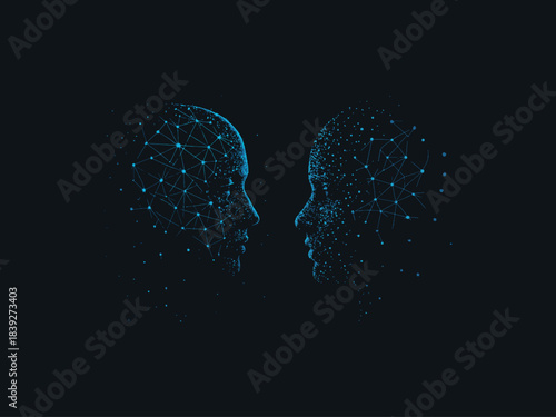 AI face profile made of data particles and neural network lines, futuristic