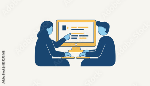 A pair of developers collaborating in a pair programming session sharing ideas and writing code on a single computer screen.