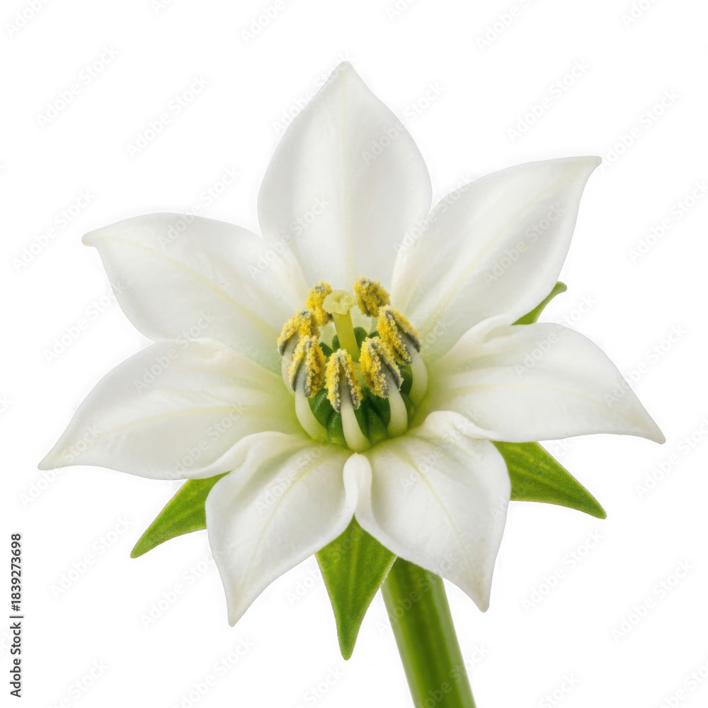 Fototapeta premium Capsicum flower, white star-shaped bloom with green calyx, garden close-up