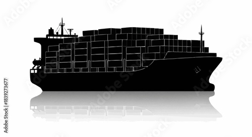 Silhouette of a large cargo container ship loaded with freight, with a reflection below.