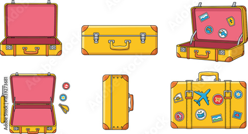 Vector Collection of Six Yellow Vintage Suitcases and Luggage, Featuring Travel Stickers and Open/Closed Views, Ideal for Tourism, Vacation, Retro Style, and Transportation Concepts