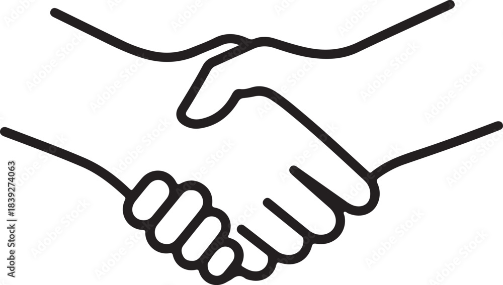 Obraz premium Minimalist Handshake Icon – Black and White Line Drawing Symbolizing Agreement, Partnership, and Cooperation