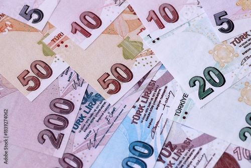Fototapeta Naklejka Na Ścianę i Meble -  Turkish Liras currency money bills. TRY currency banknotes in stack with different denomination close up