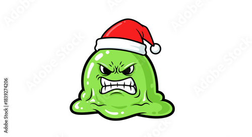Angry Green Slime Monster Wearing a Christmas Santa Hat.