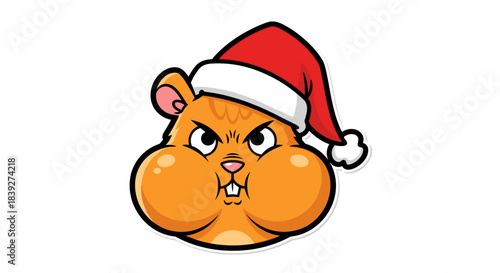Angry Hamster Wearing a Santa Hat Cartoon Illustration.