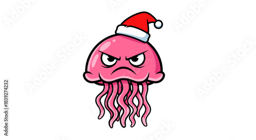 Angry pink jellyfish cartoon character wearing a Santa hat.
