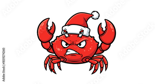 Angry red crab cartoon character wearing a Santa hat for Christmas.