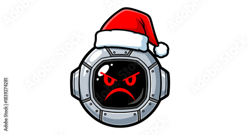 Angry Robot Head Wearing Santa Hat Christmas Holiday.