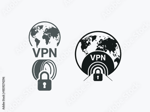 VPN connection icon with global map and encrypted tunnel design, vector style