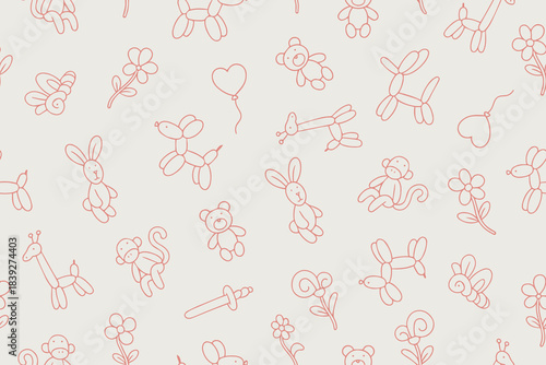  Seamless vector illustration featuring playful balloon animals and cute doodles. Includes bunnies, bears, monkeys, giraffes, and floral designs, perfect for children’s decor 