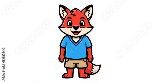 Cartoon fox character wearing blue shirt and shorts smiling happily.