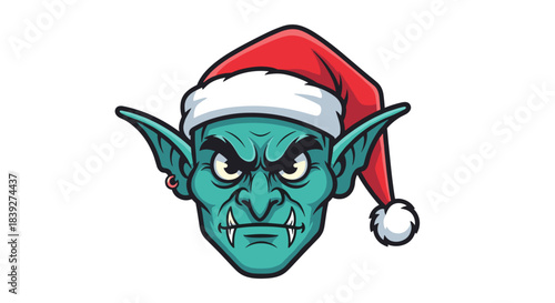 Cartoon Goblin Head Wearing a Christmas Santa Hat.