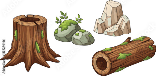 High-quality vector illustration set of detailed forest nature assets including tree stump, hollow log, and various mossy rocks for game design environment elements