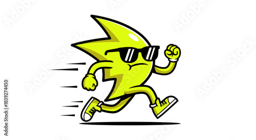 Cartoon lightning bolt character running fast with sunglasses.