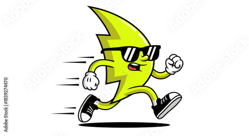 Cartoon Lightning Bolt Character Running with Sunglasses and Sneakers.