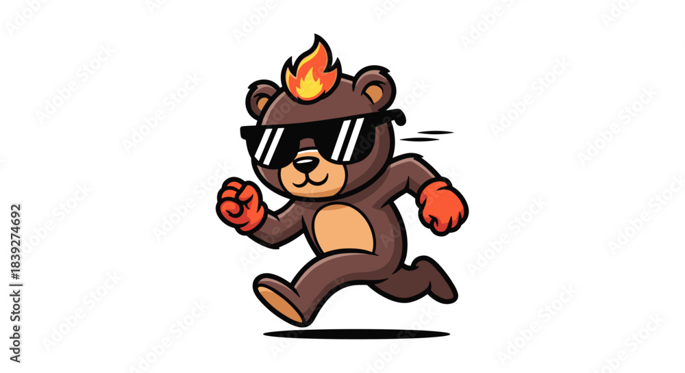 Fototapeta premium Cool Bear Cartoon Character Running with Sunglasses and Flame on Head.