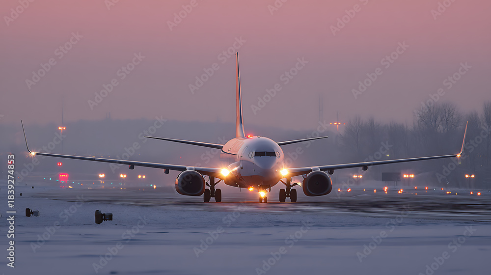 Fototapeta premium An airplane in full view on the runway with lights shining. Preparing for takeoff, the plane sits on the snow-covered tarmac as dusk sets. The scene is serene, awaiting flight.