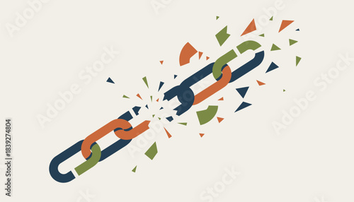 An abstract representation of broken chains with colored pieces tered around signifying the liberation from racial oppression.