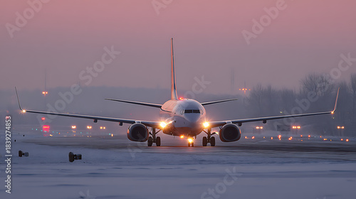 An airplane in full view on the runway with lights shining. Preparing for takeoff, the plane sits on the snow-covered tarmac as dusk sets. The scene is serene, awaiting flight.