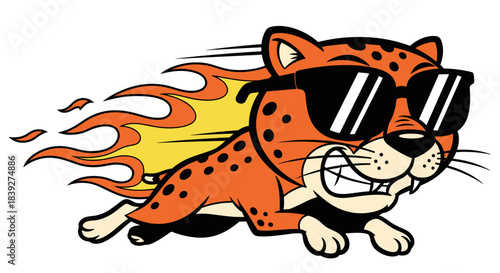 Cool Cheetah Mascot with Sunglasses and Flames Running Fast.